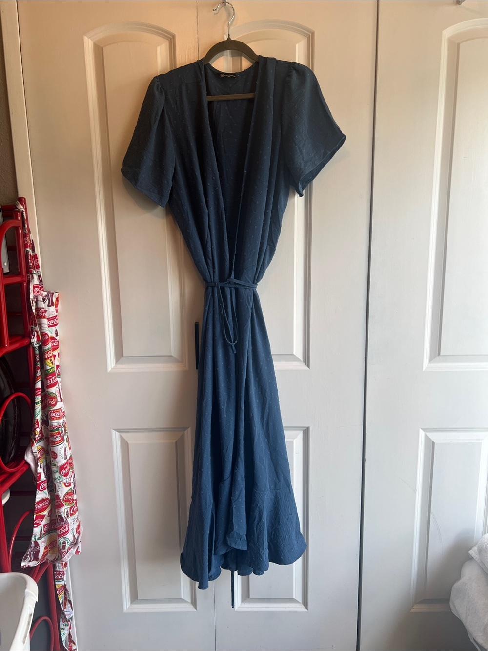 Women's dark blue clip dot Midi Wrap Dress with Tie Waist